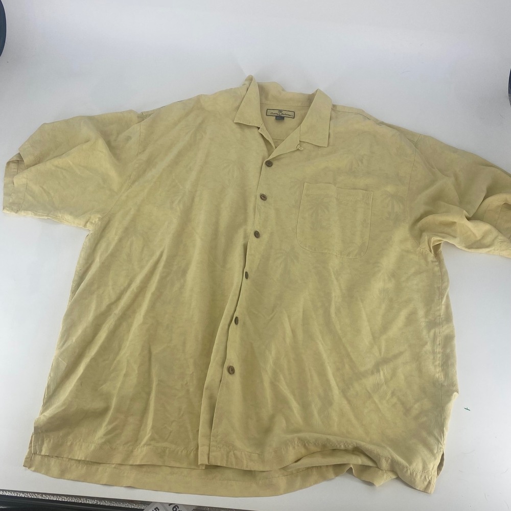 Tommy Bahama Mens XXL Yellow 100% Silk Palm Tree Jacquard Short Sleeve Shirt